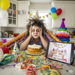 Image capturing the relatable feeling of birthday party overwhelm, featuring a young girl and her cake