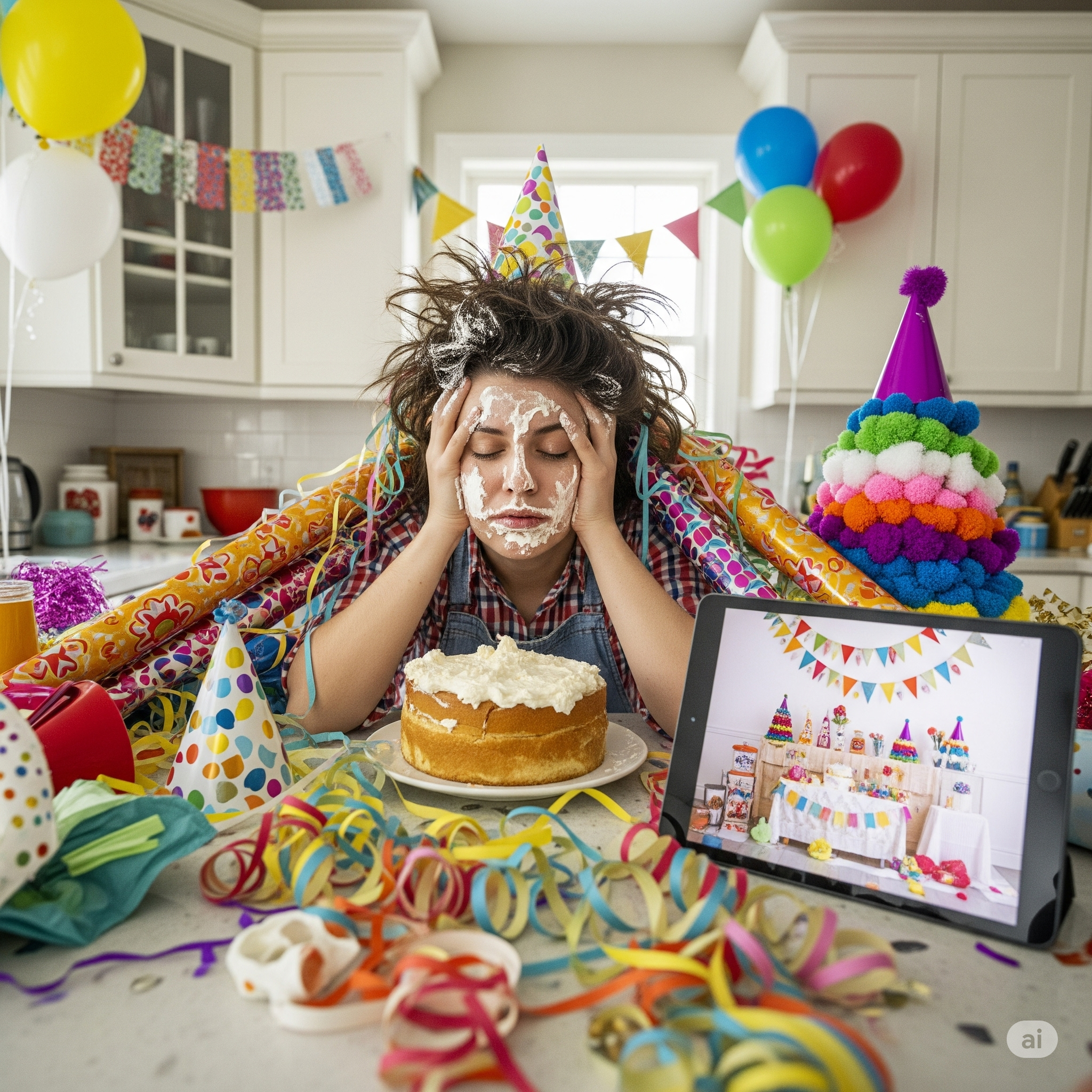 Image capturing the relatable feeling of birthday party overwhelm, featuring a young girl and her cake