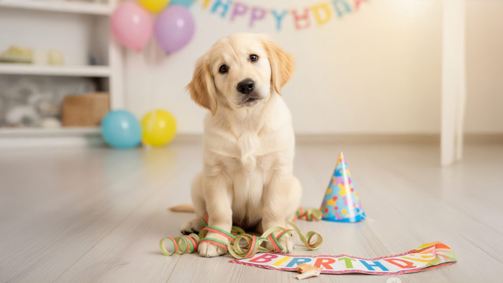 A fluffy Golden Retriever puppy sits on a light wooden floor, head tilted, looking guilty surrounded by ripped party decor